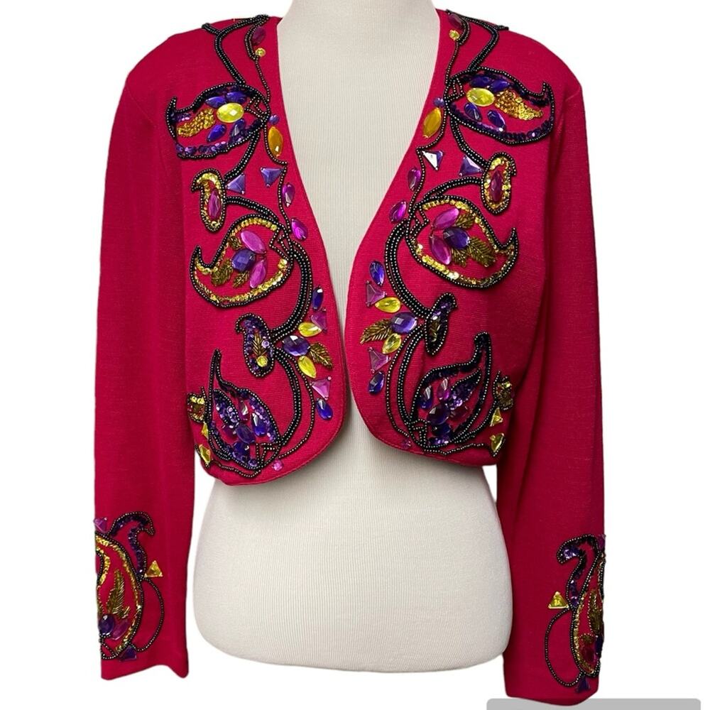 Outlander Vintage Wool Bolero Jacket Medium 80s 90s Beaded Jewel Pink Fancy